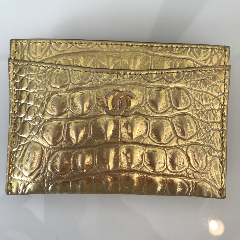 SOLD CHANEL Gold Croc embossed card holder
